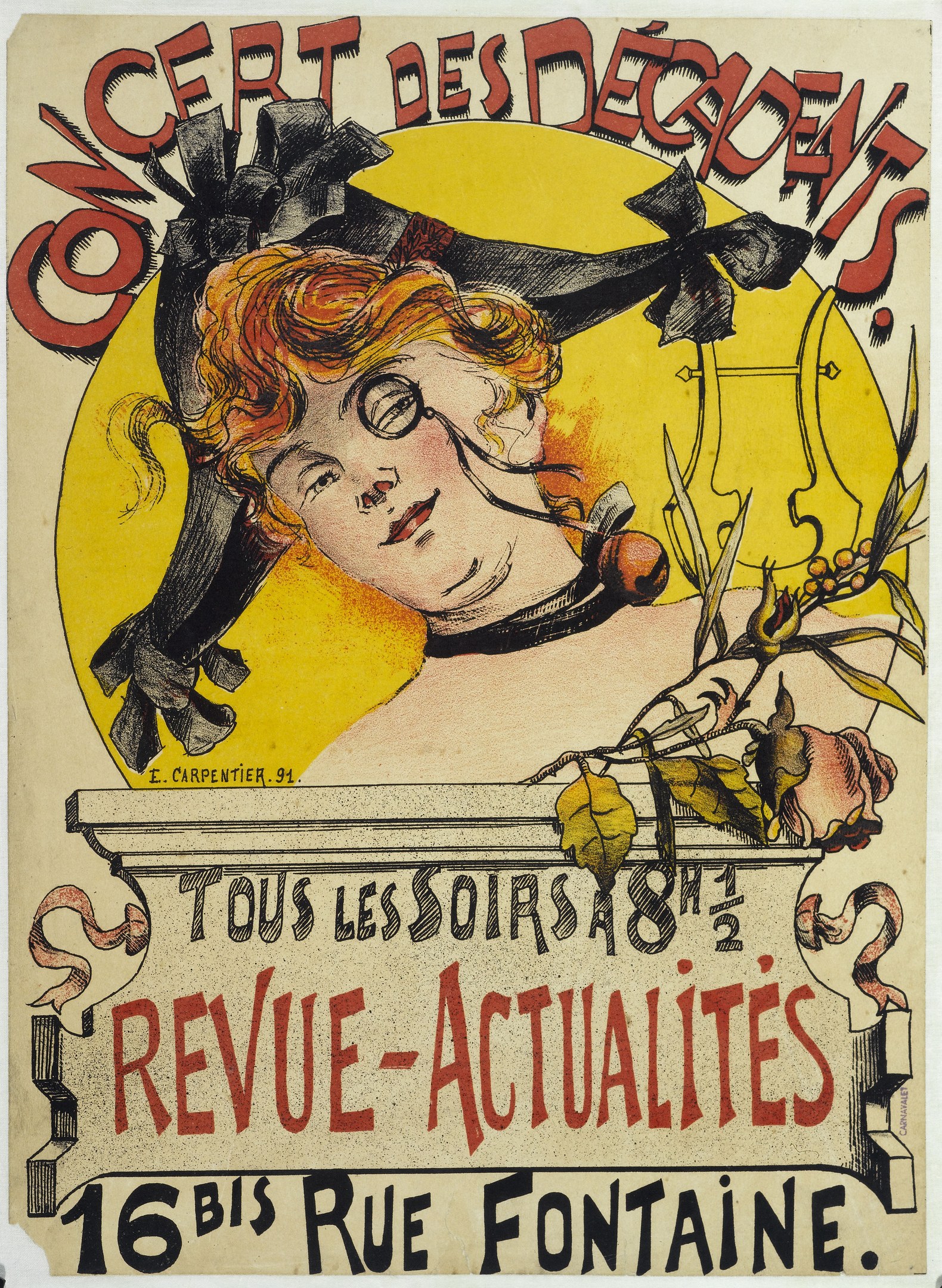 Ein Plakat für ein Decadents-Konzert mit einer Illustration einer Frau mit menschlichem Gesicht und Text mit Veranstaltungseinzelheiten.