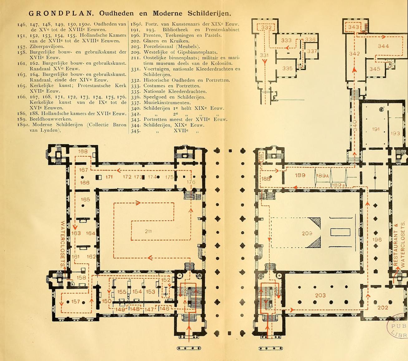 Schwarz-weißer Grundriss eines Museums für moderne Architektur mit beschrifteten Räumen und detaillierten Layout-Diagrammen auf einer Buchseite.