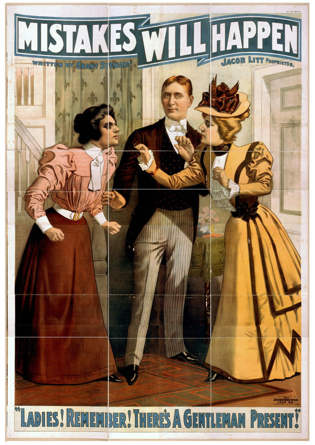 Ein Plakat mit einem Mann im Anzug und zwei Frauen in Kleidern, die nebeneinander stehen, mit der Aufschrift 'Fehler passieren' oben.