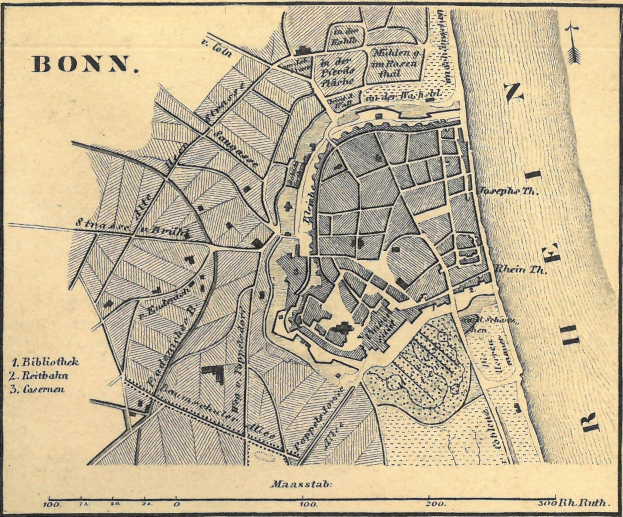Ausführliche alte Karte von Bonn, Deutschland, zeigt Straßen, Gebäude und Sehenswürdigkeiten mit lesbarem Text.