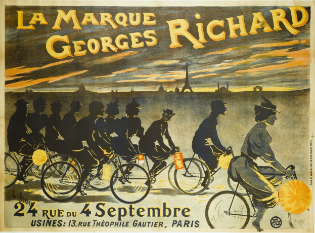 Plakat, das ein Fahrradrennen in Paris, Frankreich, ankündigt, mit einer Gruppe von Radfahrern und dem Eiffel-Turm im Hintergrund.