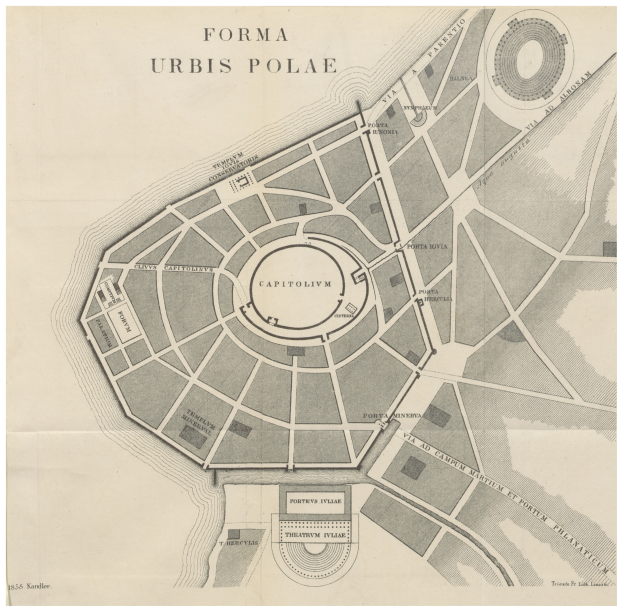 Ein detaillierter alter Stadtplan von Rom, Italien, mit dem Capitolio in der Mitte, der Straßen, Gebäude und Sehenswürdigkeiten zeigt, zusammen mit Text, der zusätzliche Informationen bietet.