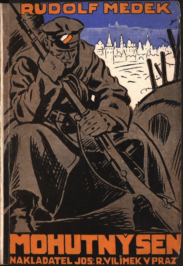 Ein Buchumschlag mit einem Mann in militärischer Uniform, der ein Gewehr hält, mit dem Text "Rudolf Medek - Mohutnysen".