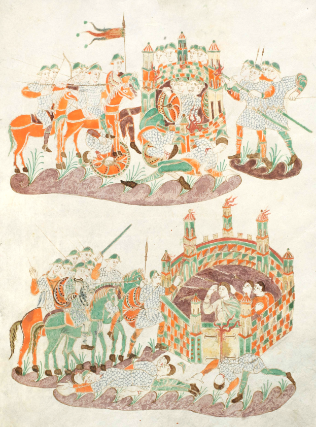 Eine mittelalterliche Handschriftseite, die eine Kampfszene mit berittenen Männern zeigt, die mit Schwertern, Schilden, Bogen und Pfeilen bewaffnet sind, vor einer Burg mit grünem Gras und einem tiefblauen Himmel.