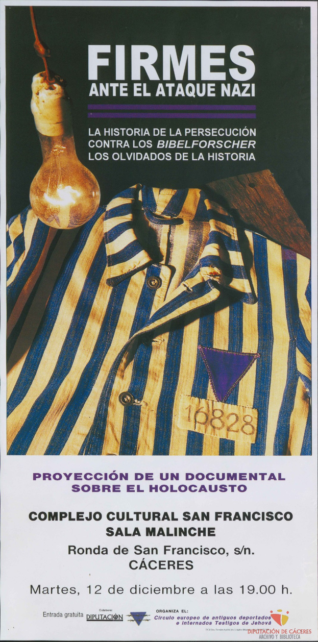 Plakat mit einem hellblauen Hemd mit weißen Streifen, einer hellgelben Glühbirne und fetter schwarzer Schrift, die 'Firmes ante el Ataque Nazi' lautet.