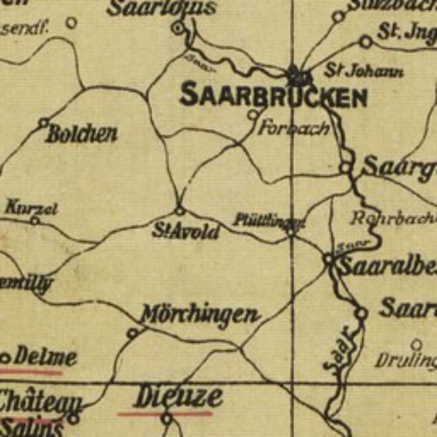 Alte detaillierte Karte von Saarbrücken, Deutschland, mit klassischem Schriftzug, der den Standort der Stadt angibt, Straßen, Gebäude und Sehenswürdigkeiten zeigt.
