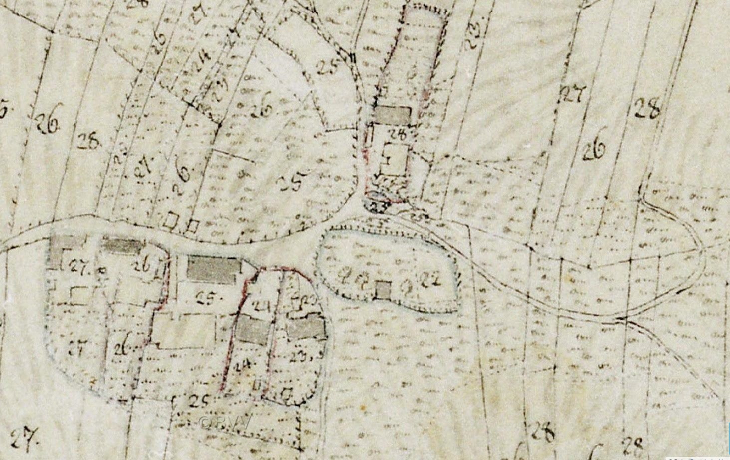Detailierte alte Stadtkarte mit nummerierten Gebäuden, Straßen und Text, die eine vorgeschlagene Entwicklungsfläche am unteren Rand anzeigt.