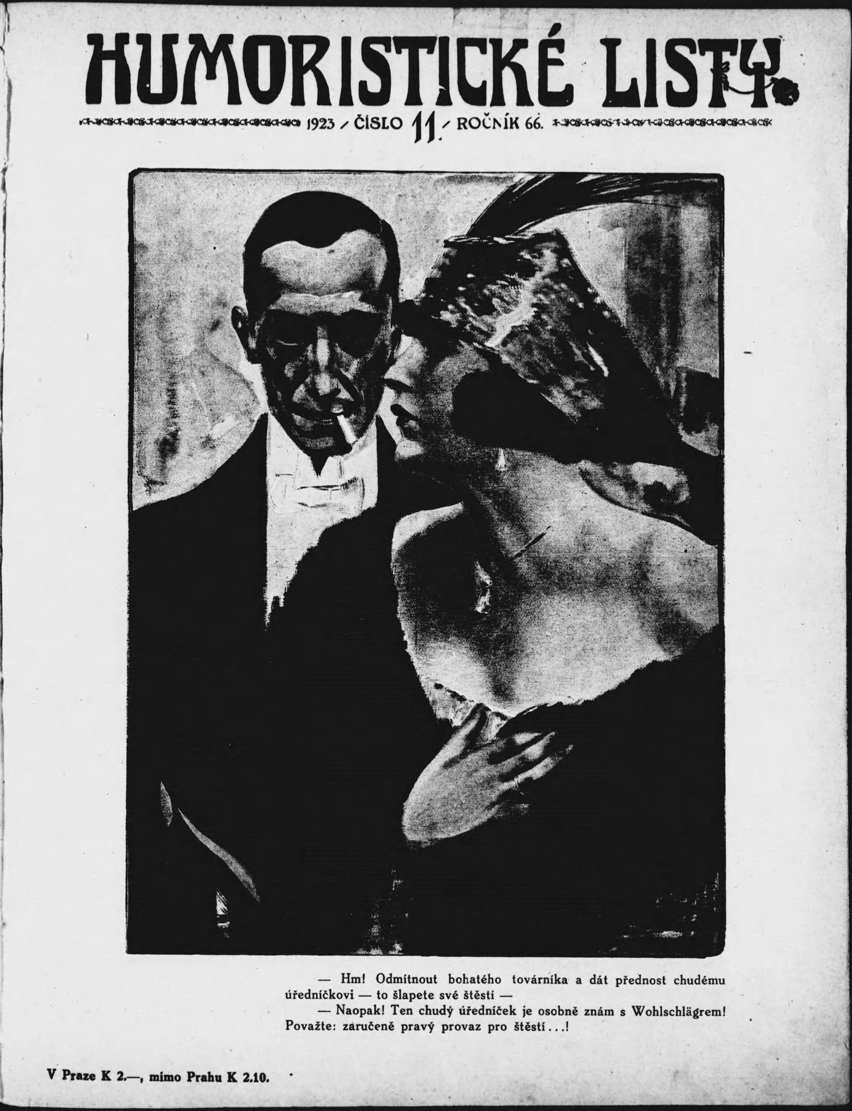 Schwarz-weiß-Foto eines Mannes im Anzug mit ernstem Gesichtsausdruck und einer Frau mit einem leichten Grinsen auf dem Cover einer Zeitschrift mit der Überschrift "Humoristische Liste" in fetter weißer Schrift.