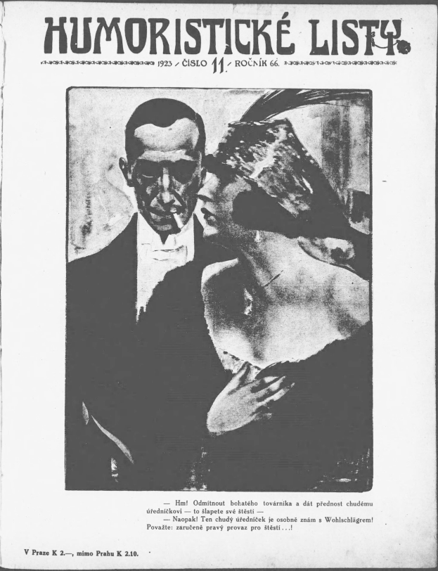 Schwarz-weiß-Foto eines Mannes im Anzug mit ernstem Gesichtsausdruck und einer Frau mit einem leichten Grinsen auf dem Cover einer Zeitschrift mit der Überschrift "Humoristische Liste" in fetter weißer Schrift.