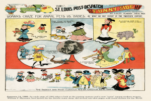 Eine Zeitungsseite aus der St. Louis Post-Dispatch Funny Side, die farbenfrohe, humorvolle Illustrationen von Menschen, Tieren und Gegenständen zeigt, mit unterhaltsamem Text.