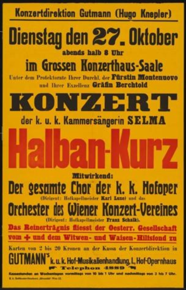 Gelbes Plakat in Berlin, Deutschland, wirbt für ein Konzert mit dem Titel "Konzert Halban-Kurz".