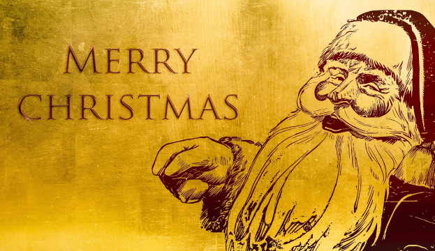 Gemälde von Santa Claus in rot-weißer Kleidung mit weißem Bart, der einen Sack mit Geschenken hält, vor goldenem Hintergrund mit "Frohe Weihnachten" in festlicher Schrift.