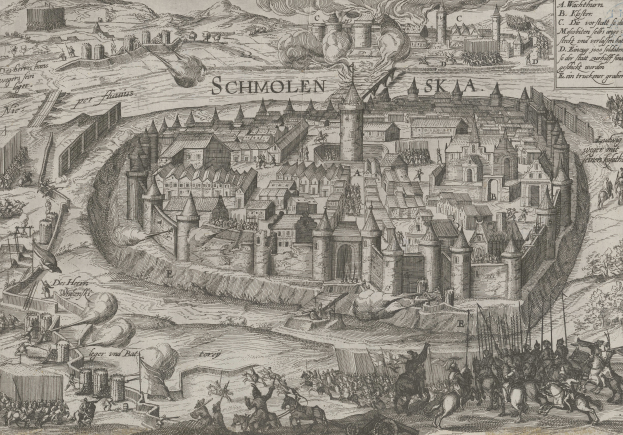 Ein alter Stadtplan von Schmolen, Deutschland, mit Gebäuden, Menschen, Pferden und anderen Gegenständen sowie zusätzlichen Informationen in Textform.