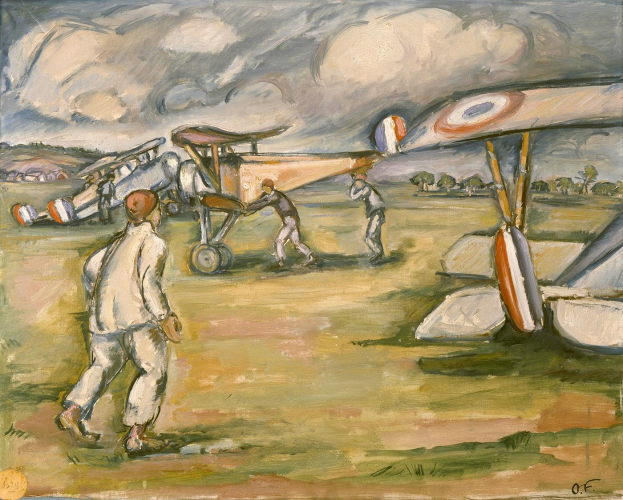 Bild mit dem Titel 'Der Flug des Flugzeugs' von Paul Cézanne, das Männer bei der Arbeit an einem Flugzeug in einem Feld mit Bäumen und einem bewölkten Himmel zeigt.