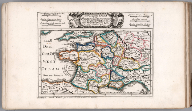 Ein aufgeschlagenes Buch mit einer detaillierten Landkarte von Deutschland und seinen Provinzen und Städten, begleitet von beschreibendem Text.