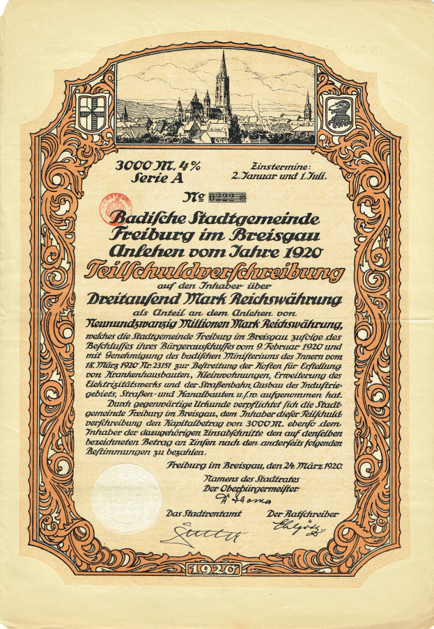 Alter deutscher Aktienchein mit einer Stadtansicht und gedrucktem Text, der wahrscheinlich den Ursprung der Aktie beschreibt.