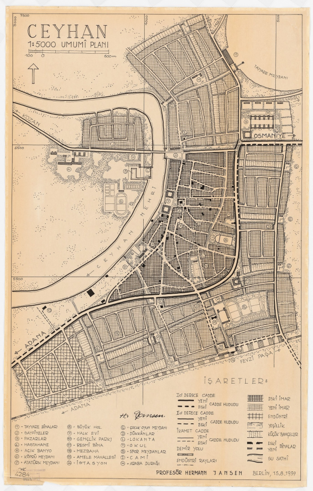 Detailiertes altes Stadtplan von Ceyhan, Türkei, mit Straßen, Gebäuden und Sehenswürdigkeiten sowie begleitendem Text über die Einwohnerzahl und Merkmale der Stadt.