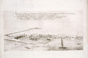 Altes Buch mit einer zentralen Illustration von Köln, Deutschland, umgeben von Booten auf Wasser, betitelt "Plan der Stadt Köln, Deutschland".