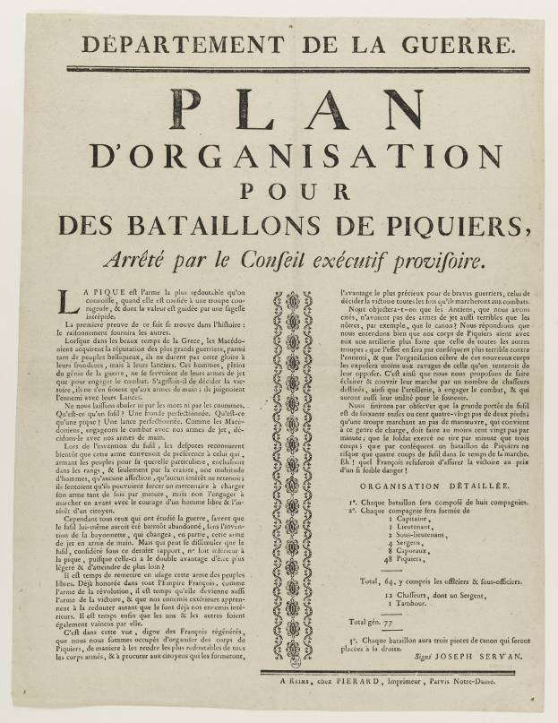 Ein historisches Dokument mit dem Titel "Plan d'Organisation pour des Bataillons de Piquiers, Arrêté par le Conseil Executif Provisionnel", das einen Plan für die Schlacht von Piquier beschreibt.