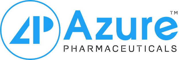 Logo der Azure Pharmaceuticals mit dem Firmennamen in fetter schwarzer Schrift innerhalb eines blauen Kreises mit weißer Umrandung auf einem weißen Hintergrund.