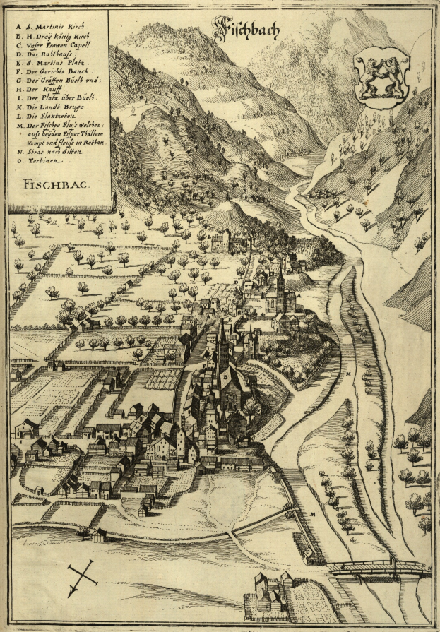 Ein altes Fischbach-Stadtplan von Deutschland, das Häuser, Bäume, Hügel und einen gewundenen Fluss zeigt, mit begleitendem Text.