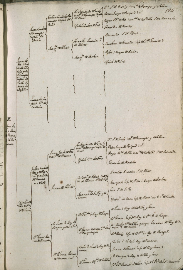 Ein aufgeschlagenes Buch mit einer Familienbaum-Illustration, das wahrscheinlich die Namen der Familienmitglieder auflistet.