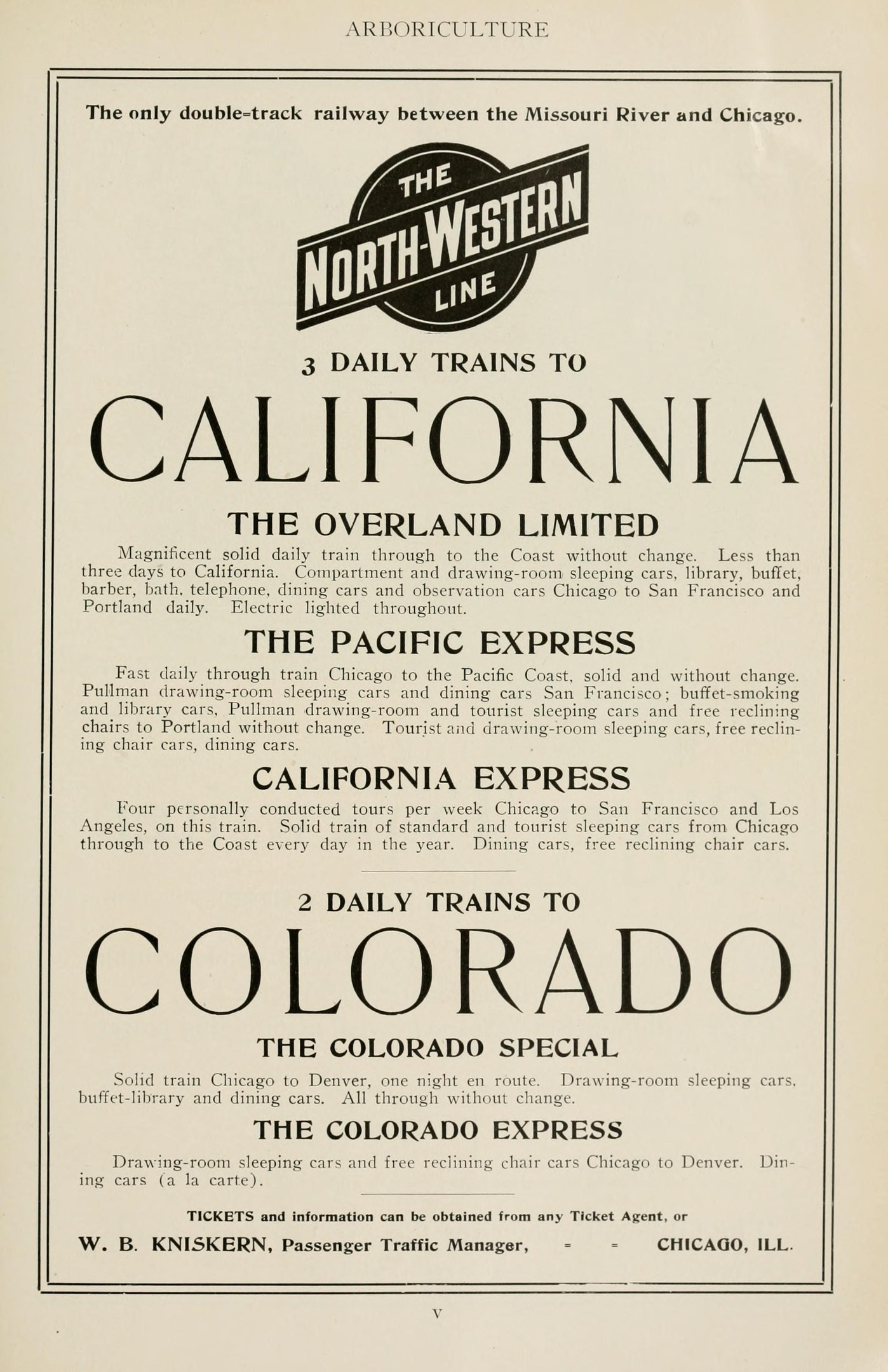 Zeitung mit gedrucktem Text, der drei tägliche Züge nach Kalifornien ankündigt: The Overland Limited, The Pacific Express und Colorado, Teil der North Western Line.