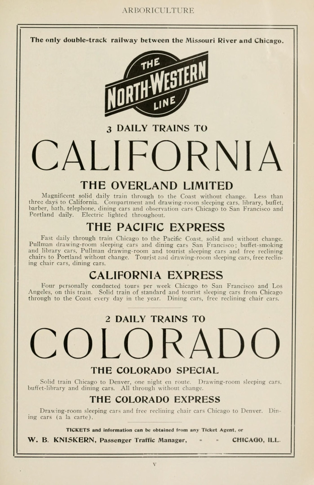Zeitung mit gedrucktem Text, der drei tägliche Züge nach Kalifornien ankündigt: The Overland Limited, The Pacific Express und Colorado, Teil der North Western Line.