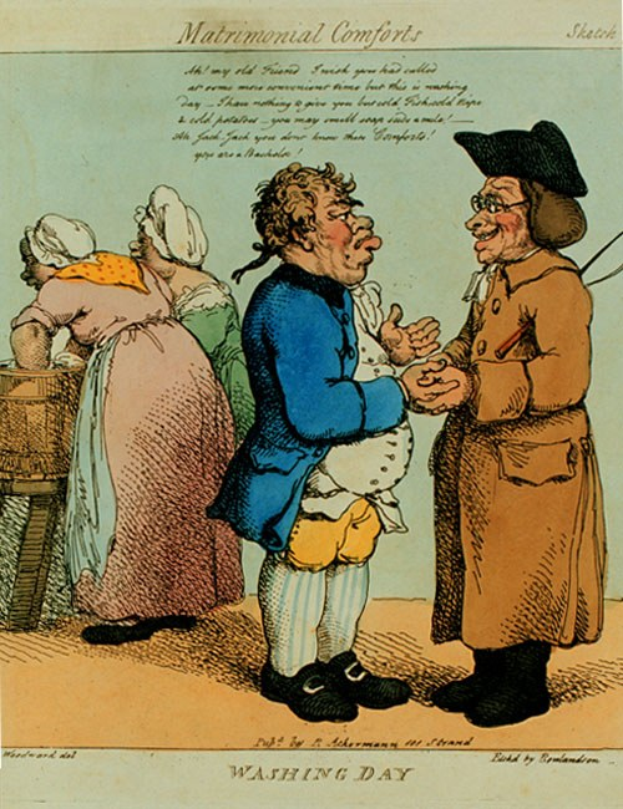 Zwei Cartoon-Figuren, ein Mann und eine Frau, unterhalten sich vor einem Plakat mit Text, wobei das Schuhwerk des Mannes die humorvolle Absicht des Plakats vermuten lässt.