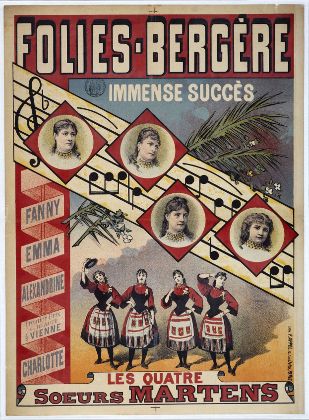 Plakat für die Folies-Bergère und Immense Succès-Konzerte mit leuchtenden Farben, detaillierten Designs und Bildern von verschiedenen Menschen, mit fetter Schrift, die das Ereignis ankündigt.