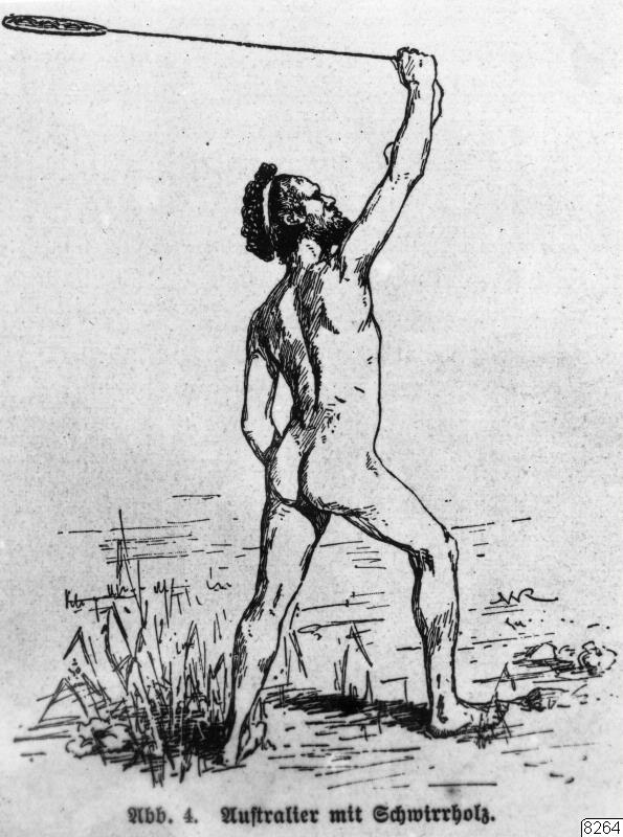 Eine Schwarz-Weiß-Zeichnung eines Mannes, der Badminton spielt, einen Schläger hält und auf Gras steht, mit dem Text 'Huffrätter mit Schwirrholz - Badminton' unten.