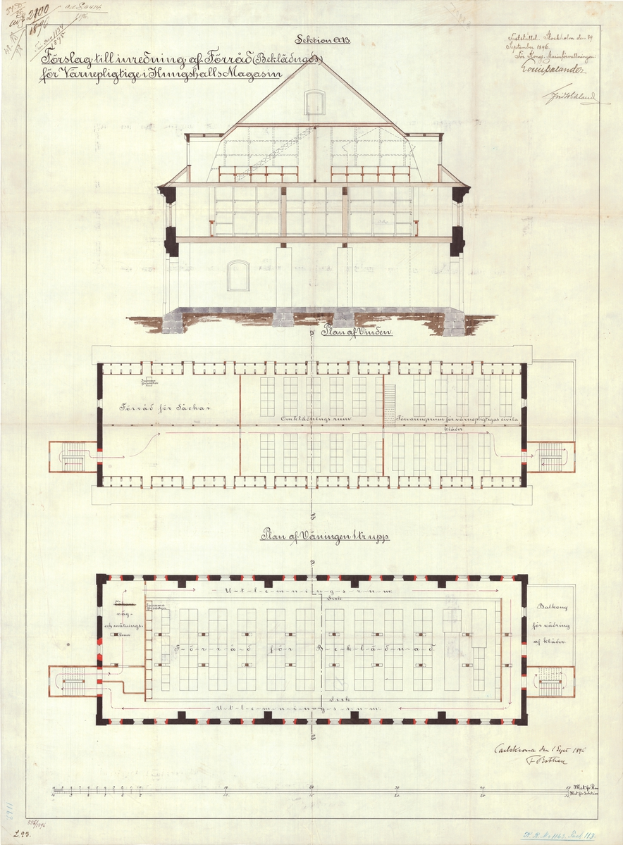 Eine Zeichnung eines Gebäudes mit vielen Fenstern und der Grundriss des St. Pauli-Gymnasiums in Hamburg, Deutschland, mit begleitendem Text, der das Layout beschreibt.