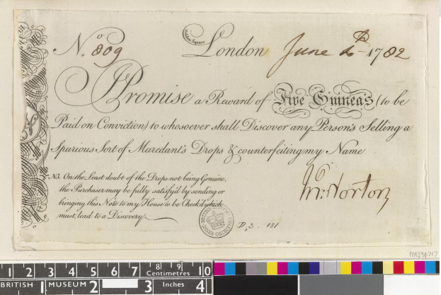 Altes Dokument mit handgeschriebenem Text, amtlichem Stempel und Farbskalen am unteren Rand, das eine Belohnung von fünf Emiraten für die Meldung von gefälschten Mardant's Tropfen anzeigt.