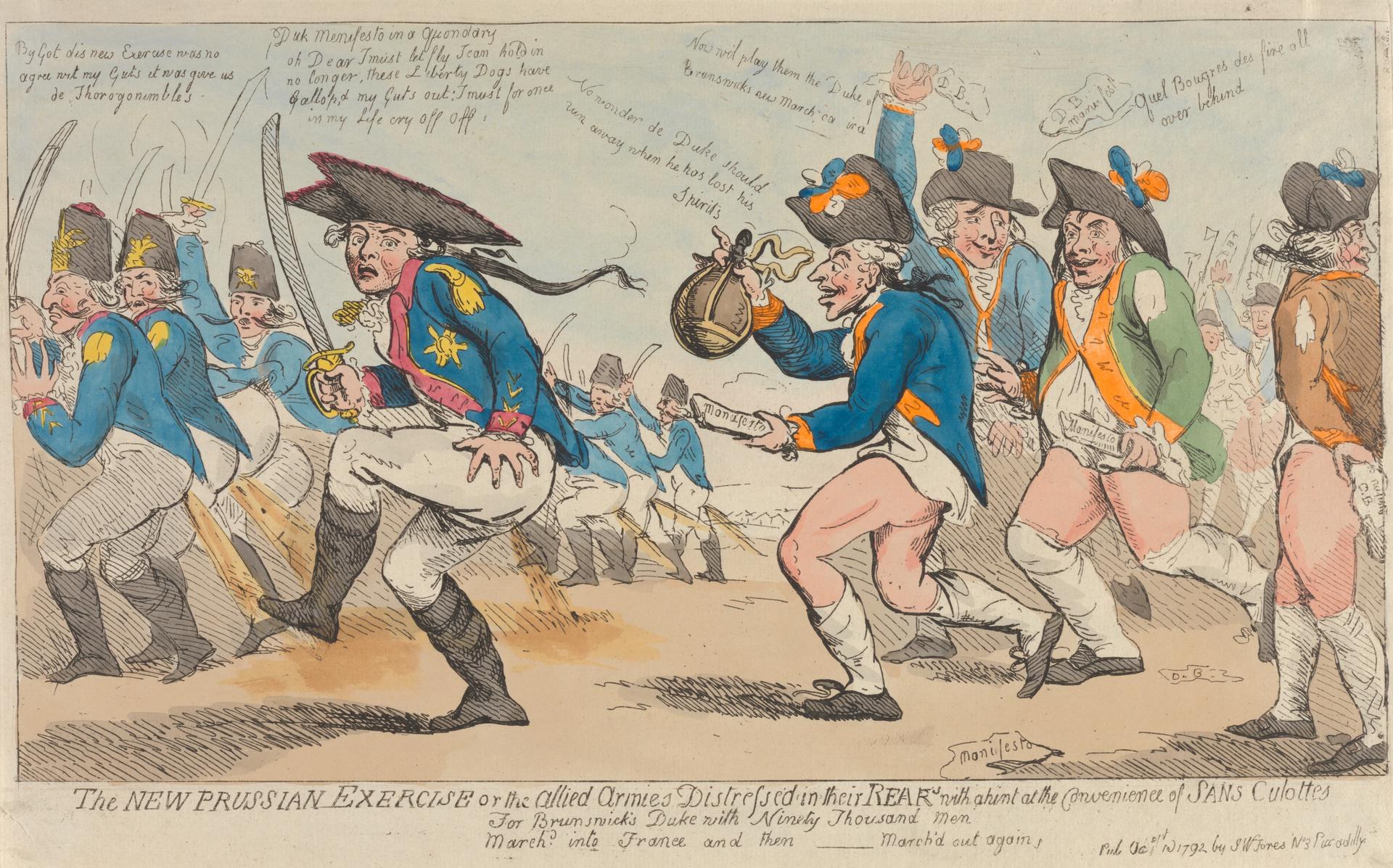 Cartoon-Illustration von Männern in Militäruniformen, einige halten Gegenstände, mit der Überschrift "Das neue preußische Exerzitium oder die verbündeten Armeen in Bedrängnis" darunter.