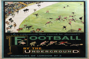 Ein Vintage-Plakat, das ein Fußballspiel mit dem Titel "Fußball in der U-Bahn - Londoner Humor Nr. 3" ankündigt, zeigt Zuschauer in einem Stadion.