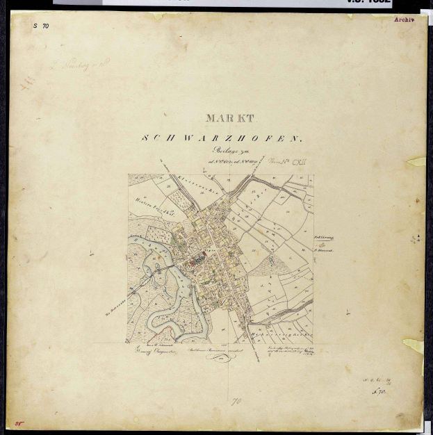 Ein gerahmtes, altes Stadtplan von Markt, Deutschland, mit Text darauf.