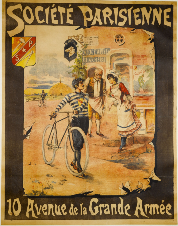 Plakat für ein Fahrradrennen in Paris mit einer Gruppe von Menschen, einer Person mit einem Fahrrad und einem Gebäude im Hintergrund sowie einem Text, der das Ereignis beschreibt.