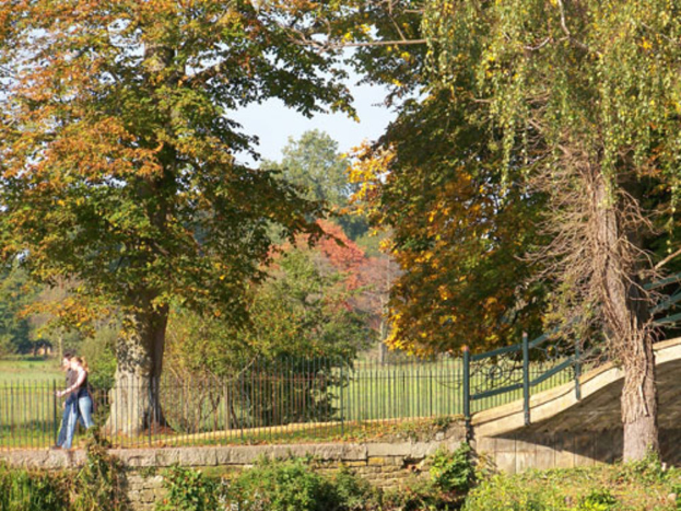 Zwei Menschen in einem eingezäunten Park mit zahlreichen Bäumen und Pflanzen.
