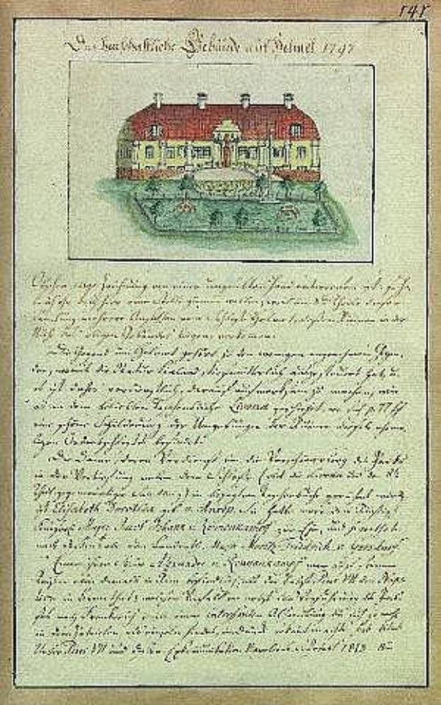 Altes Dokument mit einer detaillierten Zeichnung eines weißen Hauses mit einem roten Dach, signiert von der Schleswig-Holstein-Schule Delmar, datiert 1797.