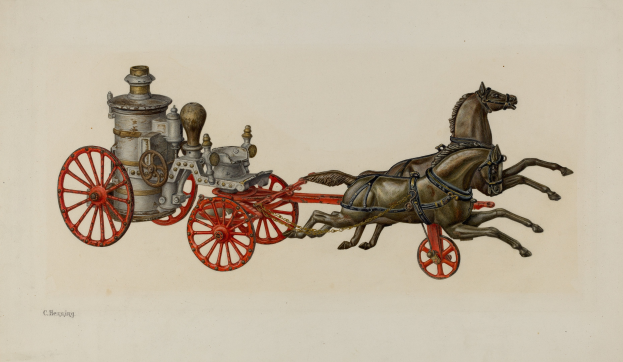 Zwei Pferde vor eine Feuerwache gespannt mit sichtbaren Rädern, dargestellt in einer Zeichnung.