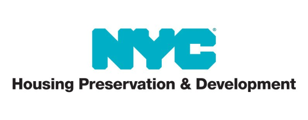 Weißer Hintergrund mit mittig gesetzter fetter schwarzer Schrift "NYC Housing Preservation & Development" in einem dünnen schwarzen Rahmen, in einer modernen professionellen Schriftart.