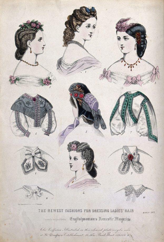Ein Papier mit dem Titel "Die neuesten Moden für die Frisur von Damen" mit Abbildungen von Frauen in verschiedenen Kleidern und Frisuren, wobei Kleider in hellen und dunklen Farben zu sehen sind.