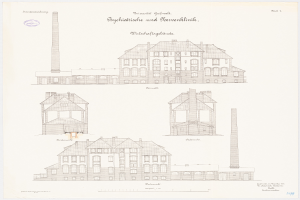 Eine Zeichnung eines mehrfenstrigen Gebäudes mit einem Schornstein, das für ein Psychiatriekrankenhaus in Deutschland gehalten wird, begleitet von beschreibendem Text.