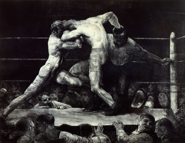 Zwei Boxer im Ring tauschen Schläge aus, während eine jubelnde Menge zusieht.