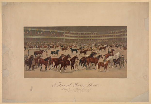 Gemälde einer Nationalen Pferdeshow mit Reitern in traditioneller Kleidung auf Pferden verschiedener Farben in einem Stadion voller Zuschauer und Fahnen.