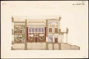 Ein detailliertes Bild einer Opernhaus-Fassade, geschmückt mit Fenstern, Türen, Säulen und farbenfrohen Malereien, die Innenansichten zeigen, mit begleitendem Text, der historische Informationen liefert.