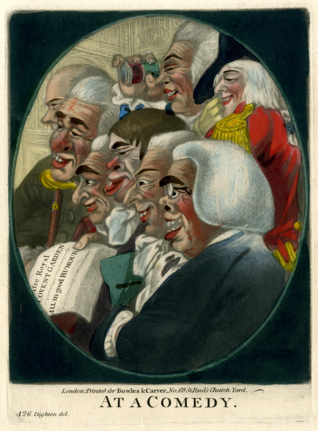 Eine Gruppe von Menschen in einem Kreis, die lachen und Spaß haben, wobei eine Person ein Papier hält und unten ein Text steht "Bei einer Komödie".