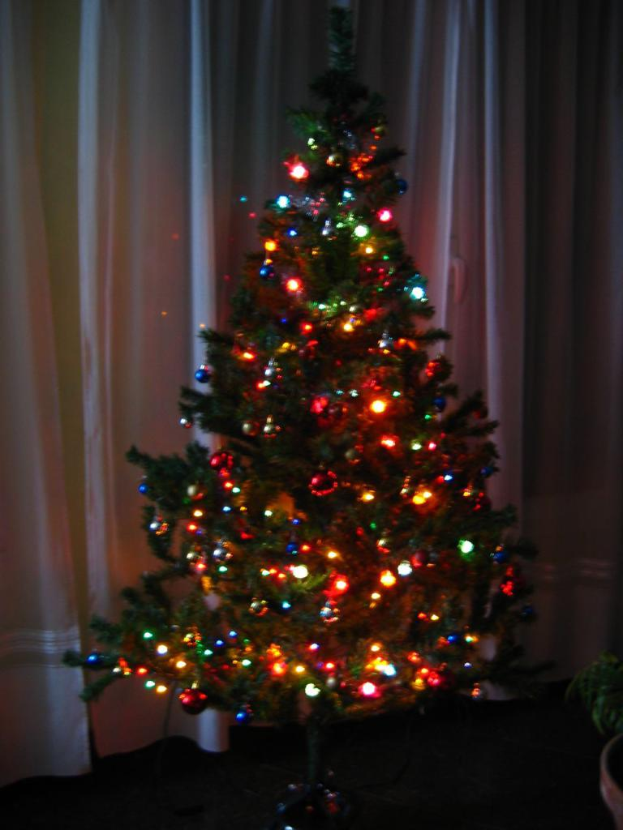 Ein mit Lichtern geschmückter Weihnachtsbaum steht vor einem Vorhang und einem Topf.