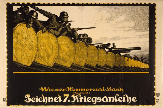 Ein deutscher Weltkriegspropagandaplakat mit Helmen tragenden Personen und Waffen sowie dem Text 'Wiener Kommmerzial Bank' unten.