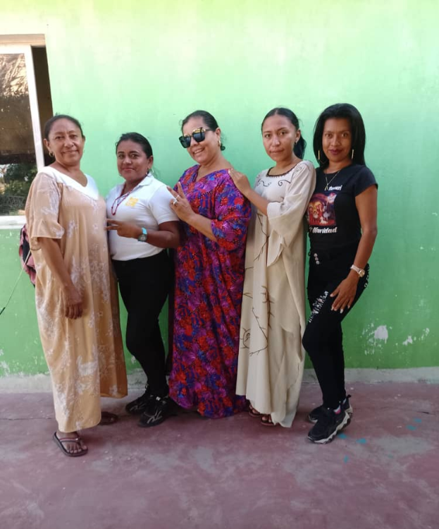 Eine Gruppe von Frauen, die gemeinsam vor einer grünen Wand mit einem Fenster auf der linken Seite stehen und an einem Internationalen Frauentag teilnehmen.